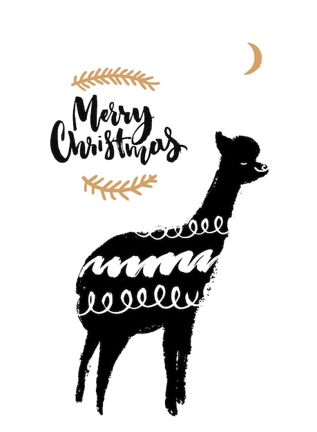 Carte De Joyeux Noël Avec Illustration De Lama Dessinée à La Main Et Calligraphie Au Pinceau. Carte De Voeux Drôle.