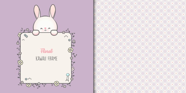 Carte De Lapin Bébé Mignon Avec Cadre Floral Et Modèle Sans Couture