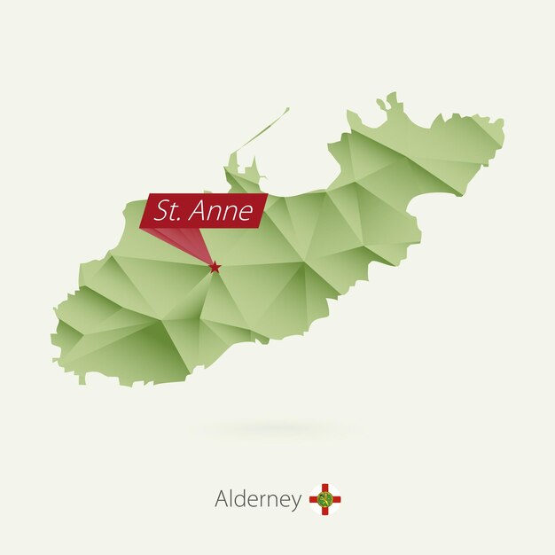 Carte low poly dégradé vert d'Aurigny avec la capitale St Anne