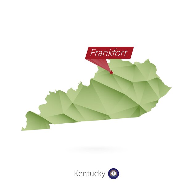 Carte low poly dégradé vert du Kentucky avec la capitale Frankfort