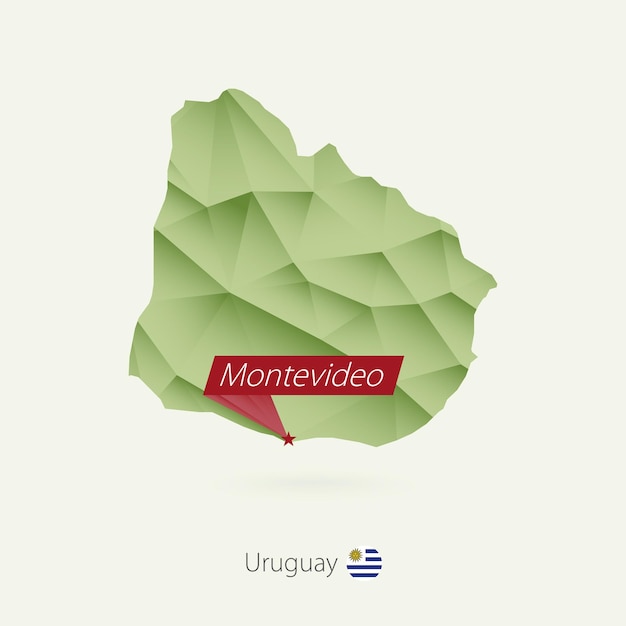 Vecteur carte low poly dégradé vert de l'uruguay avec la capitale montevideo