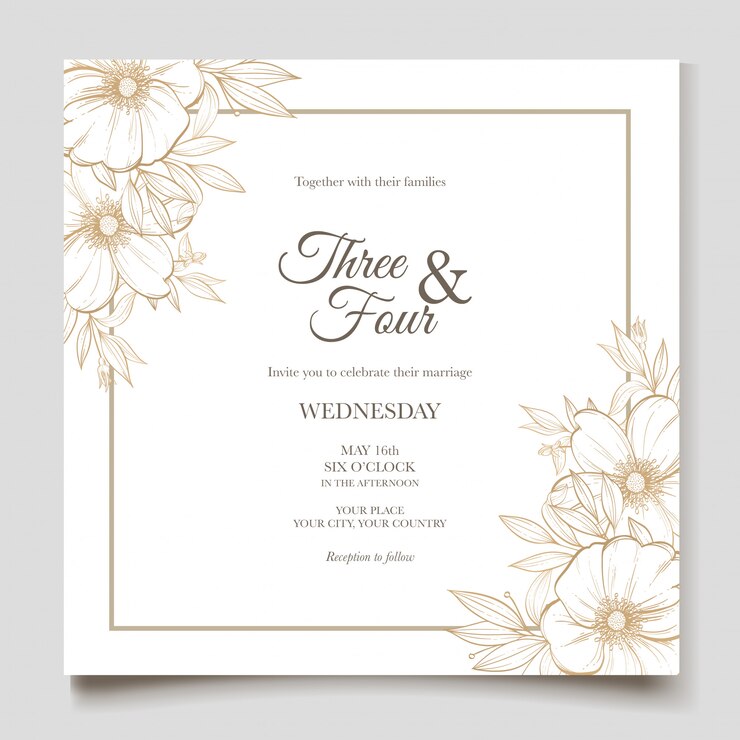 carte de mariage art ligne élégante avec beau modèle floral et feuilles