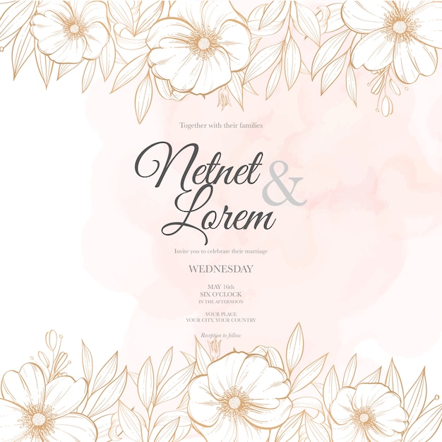 Vecteur carte de mariage art ligne élégante avec beau modèle floral et feuilles