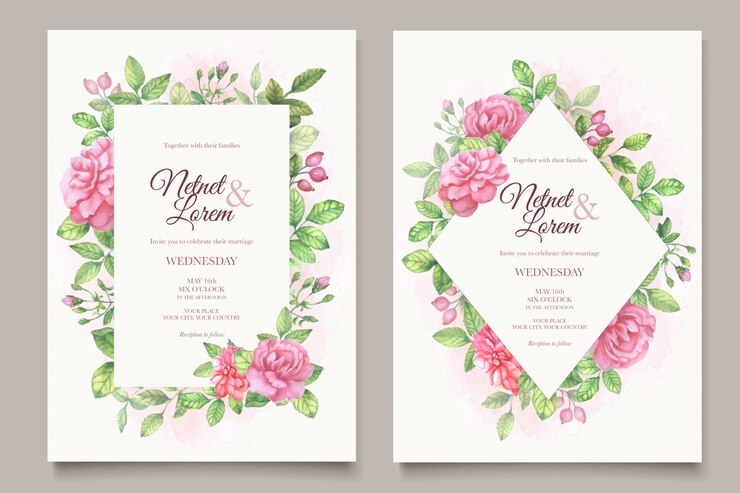Carte de mariage art ligne élégante avec beau modèle floral et feuilles