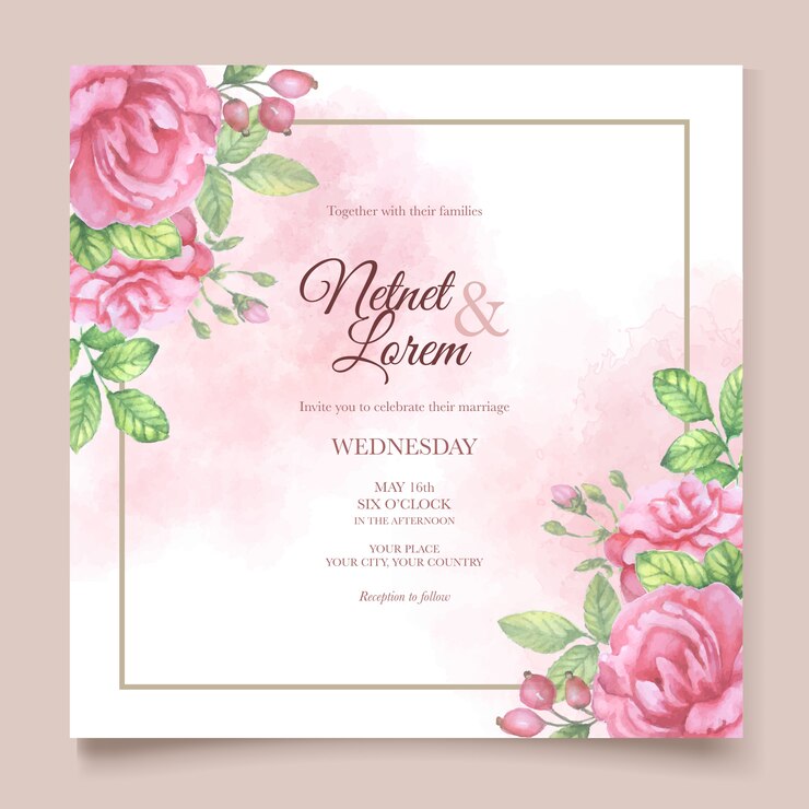 Carte de mariage art ligne élégante avec beau modèle floral et feuilles