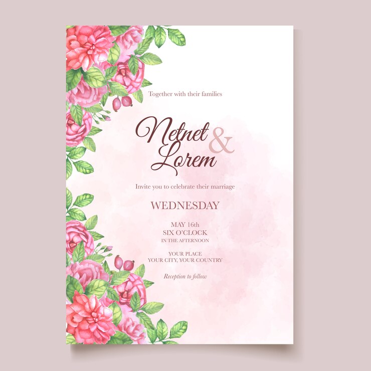 Carte de mariage art ligne élégante avec beau modèle floral et feuilles