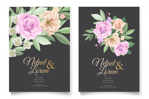 Vecteur carte de mariage élégant avec beau modèle floral et feuilles