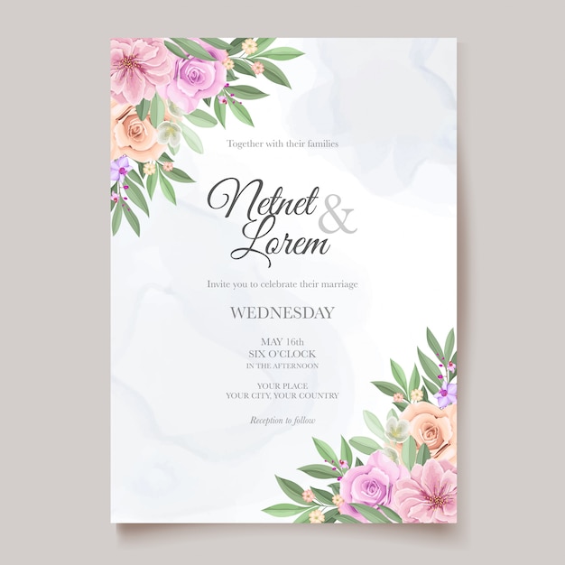 Vecteur carte de mariage élégant avec beau modèle floral et feuilles