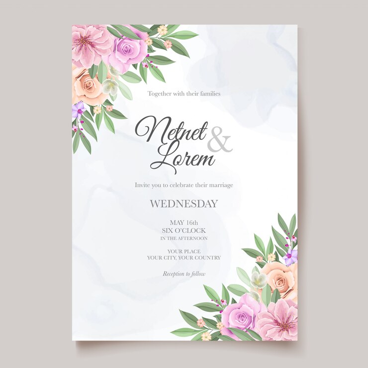 carte de mariage élégant avec beau modèle floral et feuilles