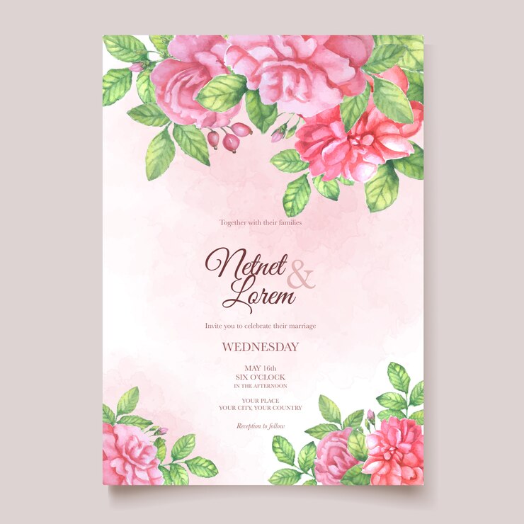 carte de mariage élégant avec beau modèle floral et feuilles