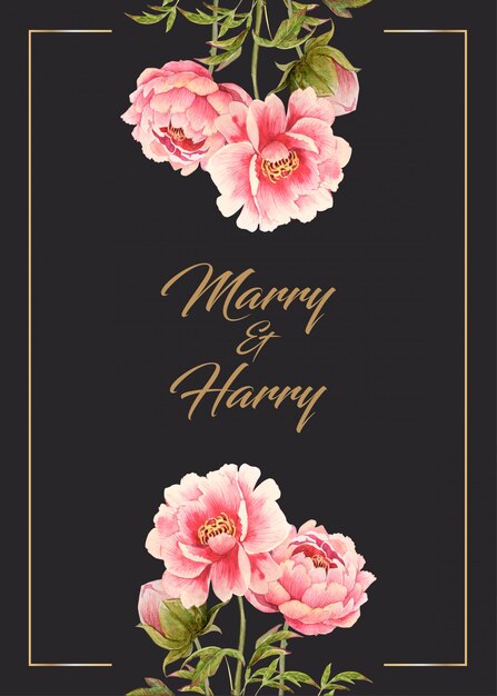 Carte De Mariage Avec Fleur De Pivoine Rose Aquarelle En Haut Et En Bas
