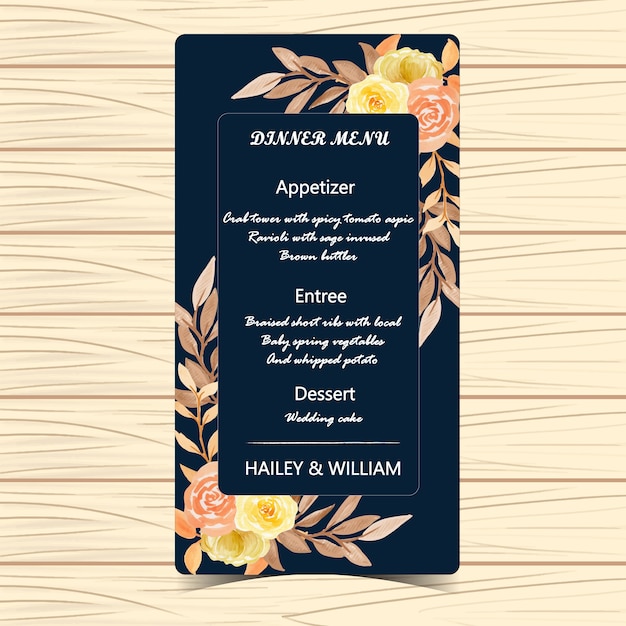 Carte De Mariage Menu Floral Avec Des Fleurs Et Des Feuilles D'automne