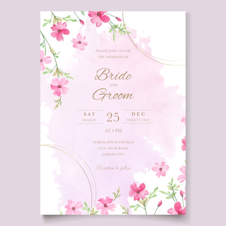 Vecteur carte de mariage rose avec modèle aquarelle floral