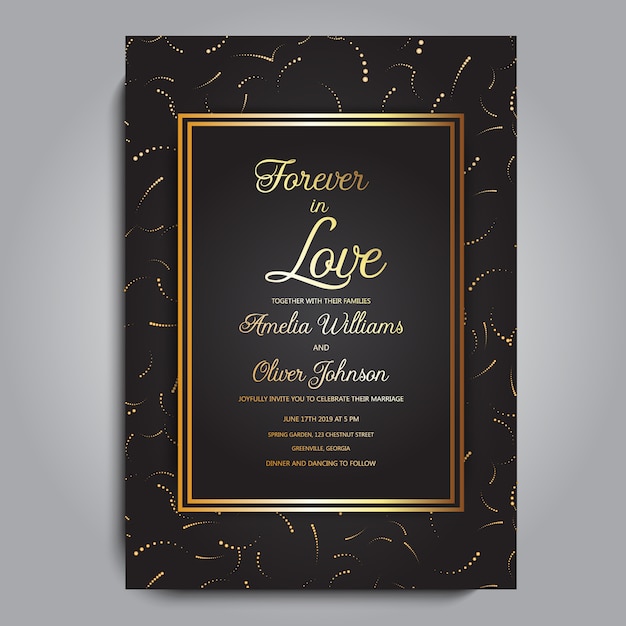 Carte de mariage sombre avec des détails dorés