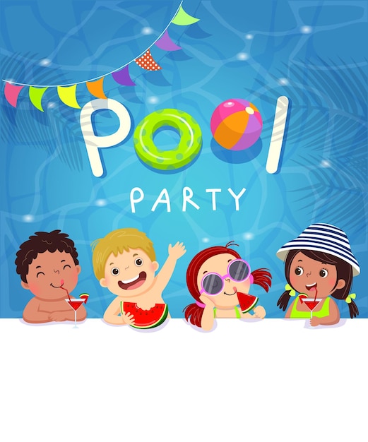 Vecteur carte de modèle d'invitation de fête de piscine avec des enfants profitant de la piscine.