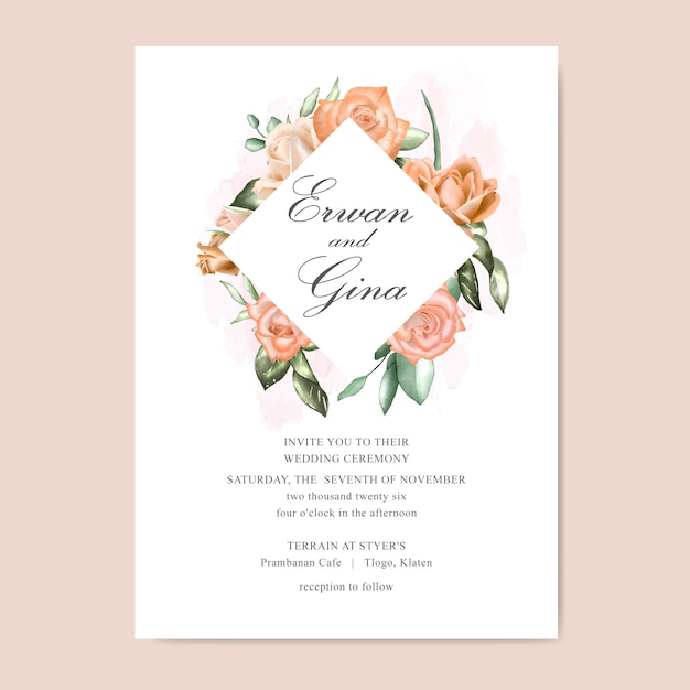 Carte De Modèle D'invitation De Mariage Avec Aquarelle Florale Et Feuilles