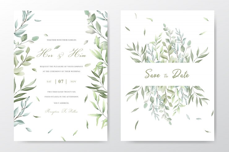 Carte de modèle invitation mariage élégant feuillage aquarelle