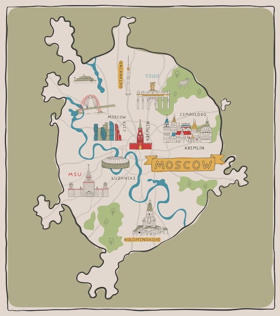 Vecteur carte de moscou dessinée à la main avec des lieux et des bâtiments célèbres. illustration vectorielle de couleur