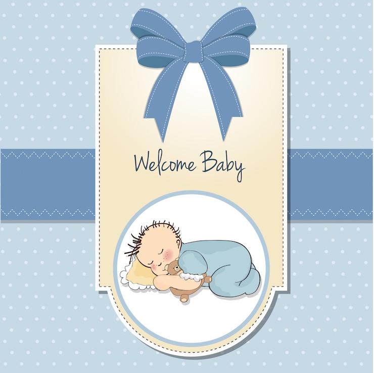 Vecteur carte de naissance avec un petit bébé qui dort avec son ours en peluche
