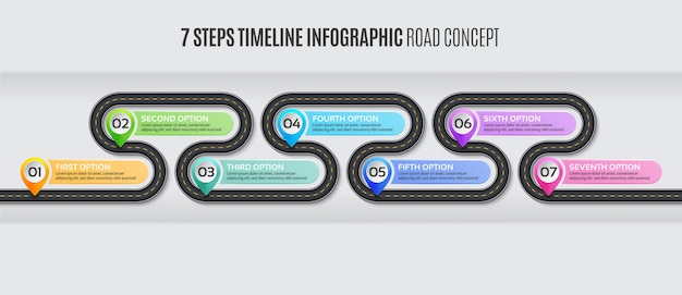 Carte de navigation infographique 7 étapes concept de route de chronologie.
