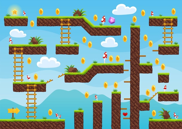 Carte de niveau de jeu Arcade jeu vidéo 2d pour vieux ordinateur ou console Cartoon ordinateur ou arcade mobile avec des objets bonus sautant route à l'objectif jouer Illustration de dessin animé vectoriel