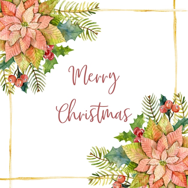 Carte de Noël aquarelle avec branches de sapin poinsettia feuilles de houx cotons et lignes dorées