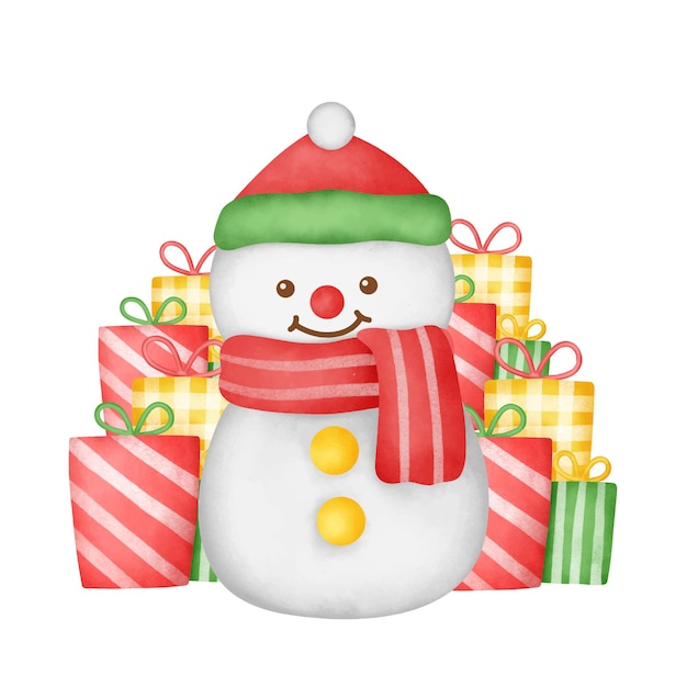 Carte de Noël aquarelle dessinée à la main avec un joli bonhomme de neige et des coffrets cadeaux.