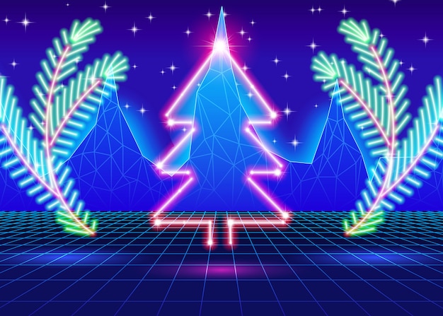 Carte de Noël avec arbre en néon