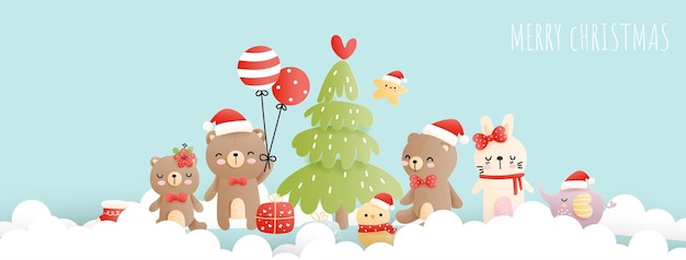 Carte de Noël avec bébé ours, bébé animal, forêt de Noël