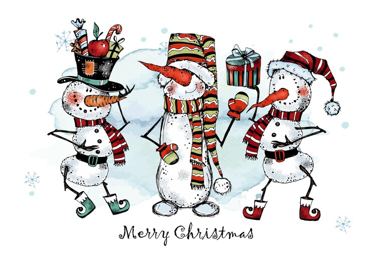 Vecteur carte de noël bonhommes de neige drôles mignons avec des cadeaux vector
