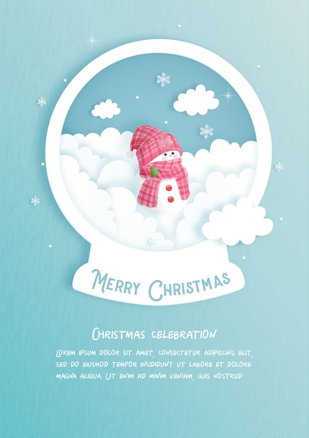 Carte De Noël Avec Boule De Neige Et Bonhomme De Neige Mignon En Papier Coupé Style. Illustration Vectorielle