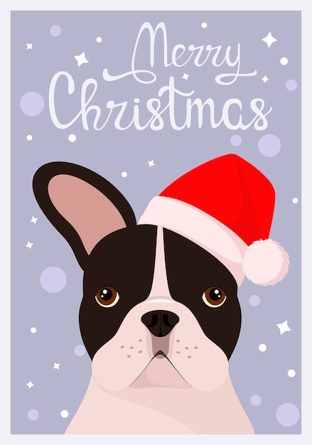 Une Carte De Noël Avec Un Bouledogue Français. Chien Mignon De Style Dessin Animé.