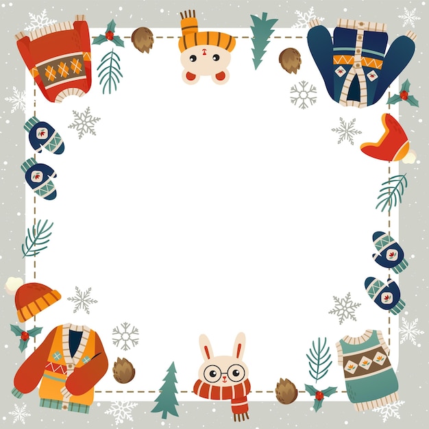 une carte de Noël avec un cadre blanc avec des hiboux et des chapeaux