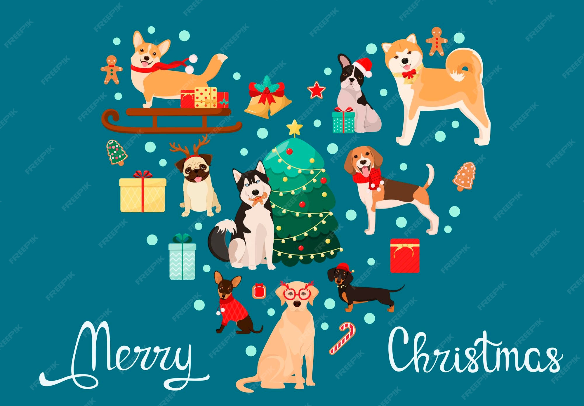 Carte De Noël Avec Des Chiens Mignons En Style Cartoon. Vecteur Premium