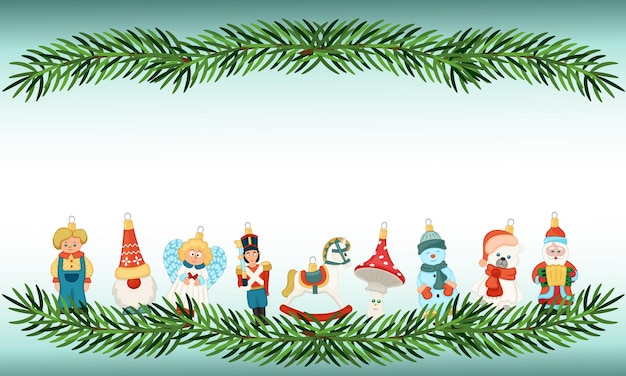 Carte De Noël Avec Des Décorations De Noël De Style Rétro Personnages De Vacances. Cadre De Fond.