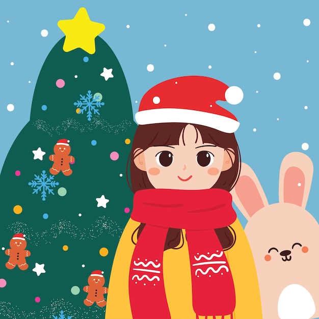 Carte De Noël à Dessin Animé à La Main Avec Une Illustration De Lapin Fille Et D'arbre De Noël