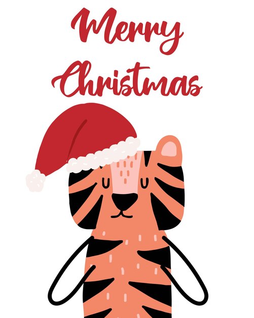 Carte De Noël Dessinée à La Main Avec Un Tigre En Lettrage De Noël De Chapeau