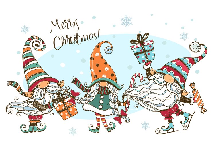 Carte de Noël avec une famille mignonne amusante de gnomes nordiques avec des cadeaux.