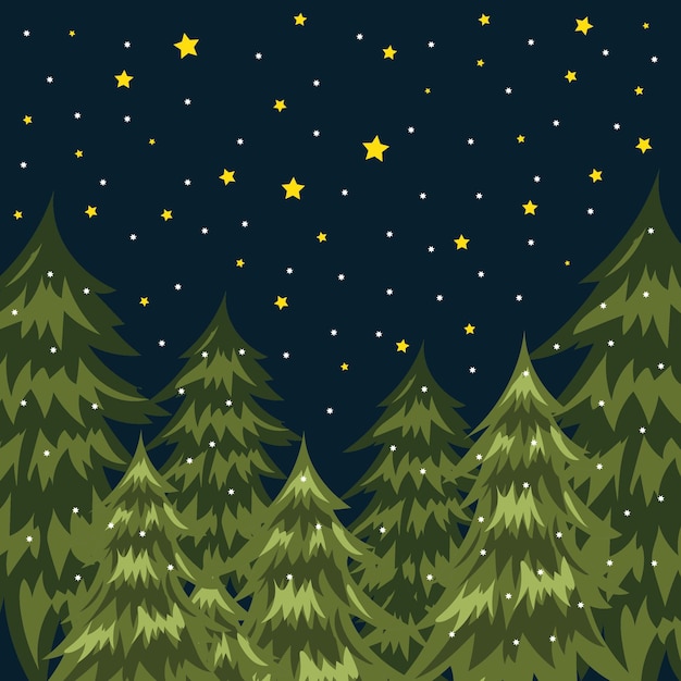 Carte de Noël. Forêt d'hiver de nuit. Arbres de Noël. Image vectorielle de haute qualité.