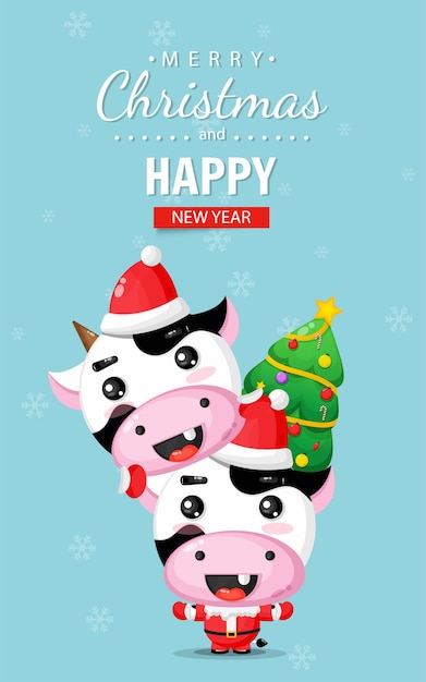 Carte De Noël Joyeux Avec Une Vache Mignonne Portant Un Costume De Noël
