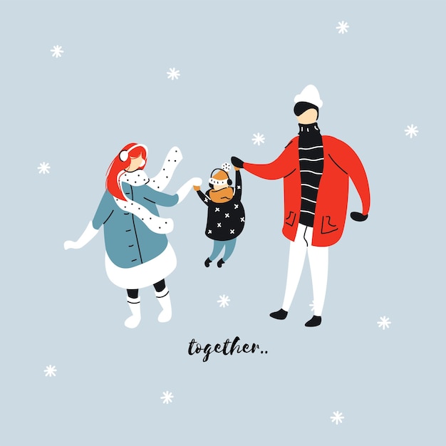 Vecteur carte de noël minimaliste avec une famille heureuse dans un style plat ensemble vector