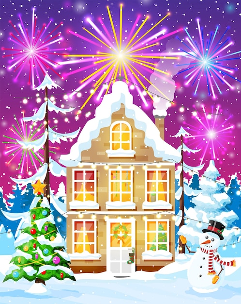 Carte de Noël avec paysage urbain et feux d'artifice Paysage urbain avec maisons colorées avec salut dans la nuit Village d'hiver Ville confortable Panorama de la ville Nouvel An Noël Bannière de Noël Illustration vectorielle plate