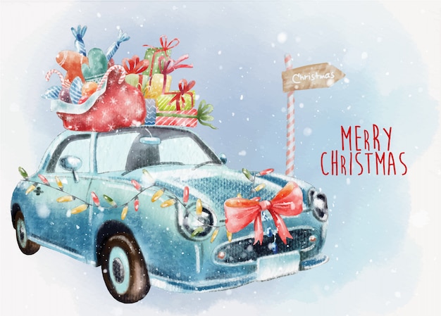 Carte De Noël Peinte à La Main Avec Une Voiture Rétro Bleue