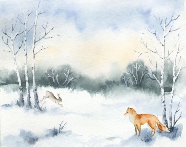 Carte De Noël Vectorielle Aquarelle Avec Lièvre Renard Et Paysage D'hiver