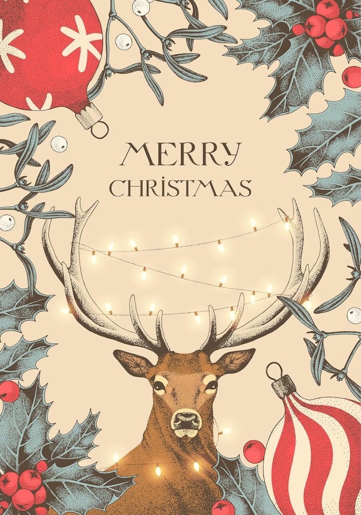 Vecteur carte de noël vectorielle avec une flore hivernale et des cerfs