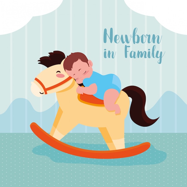 Carte Nouveau-né Avec Bébé Et Cheval De Bois