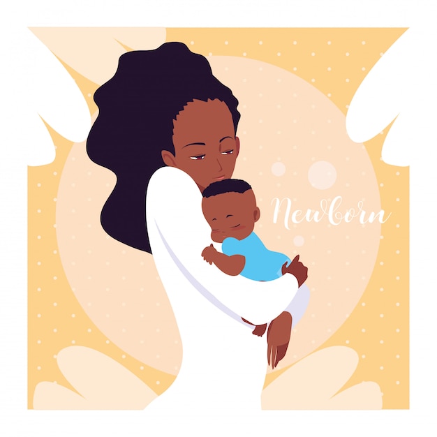 Vecteur carte de nouveau-né avec maman afro et mignon petit fils
