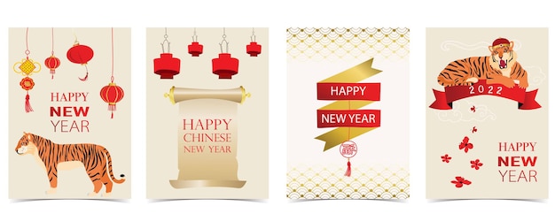Carte de nouvel an chinois rouge or avec tigre, fleur, lunaire. Illustration vectorielle modifiable pour site Web, invitation, carte postale et autocollant