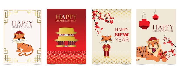 Carte de nouvel an chinois rouge or avec tigre, fleur, lunaire, temple. Illustration vectorielle modifiable pour site Web, invitation, carte postale et autocollant