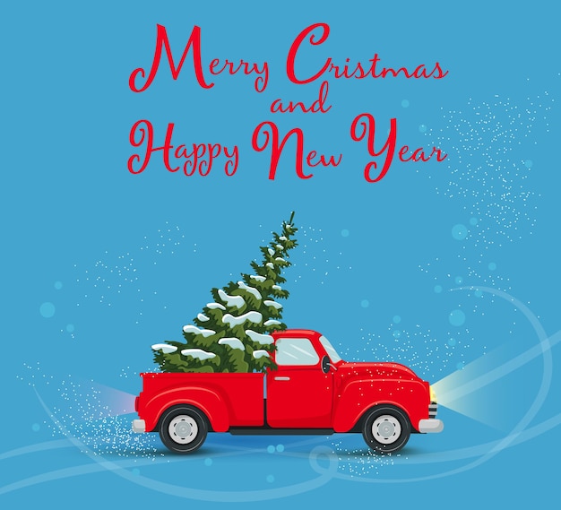 Vecteur carte de nouvel an avec une voiture rouge portant un arbre de noël sur l'illustration vectorielle de toit